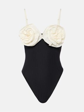Same Floral Appliqué One-Piece Swimsuit Black Size S